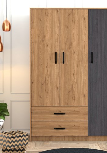 NORDVÄRK Grande garderobeskab, m. 3 lger, 1 bjlestang, 2 skuffer, 3 hylder - natur og gr melamin