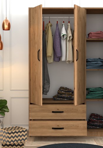 NORDVÄRK Grande garderobeskab, m. 3 lger, 1 bjlestang, 2 skuffer, 3 hylder - natur og gr melamin