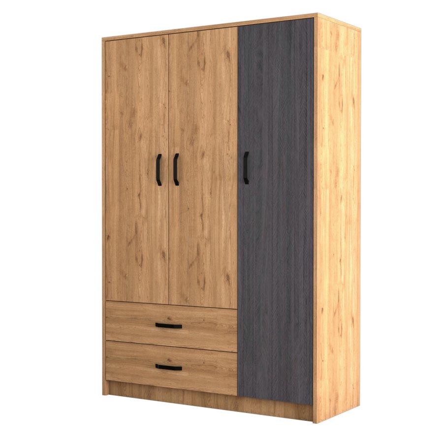 NORDVÄRK Grande garderobeskab, m. 3 lger, 1 bjlestang, 2 skuffer, 3 hylder - natur og gr melamin
