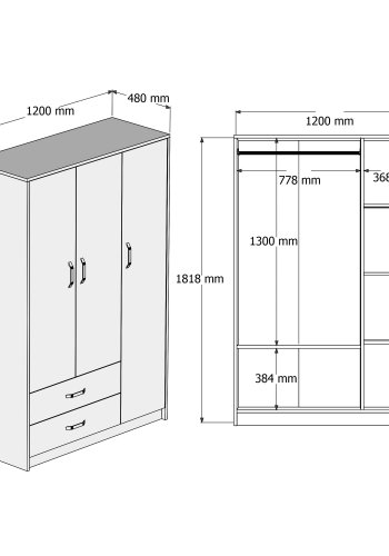 NORDVÄRK Grande garderobeskab, m. 3 lger, 1 bjlestang, 2 skuffer, 3 hylder - natur og gr melamin