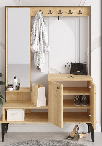 NORDVÄRK Andy entrést, m. 5 knager, spejl, 2 lger, hylder - natur melamin