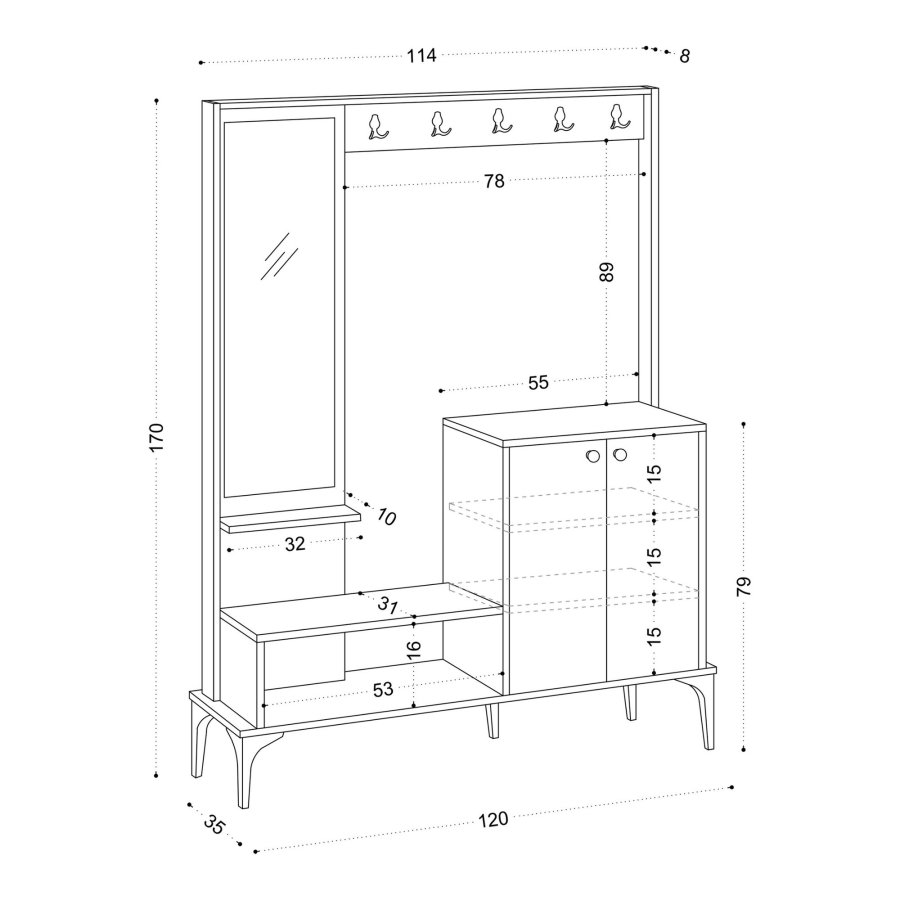 NORDVÄRK Andy entrést, m. 5 knager, spejl, 2 lger, hylder - natur melamin
