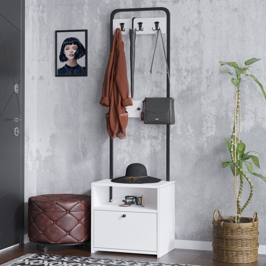 FUNZI LIVING Tina entrést, m. 3 knager, 1 lge og 1 hylde - hvid melamin