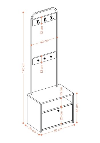 FUNZI LIVING Tina entrést, m. 3 knager, 1 lge og 1 hylde - hvid melamin