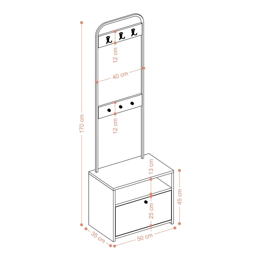FUNZI LIVING Tina entrést, m. 3 knager, 1 lge og 1 hylde - hvid melamin