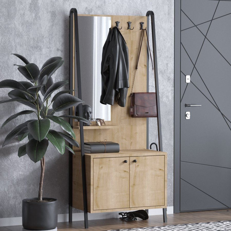 FUNZI LIVING Lumi entrést, m. spejl, 3 knager og 2 lger - natur melamin