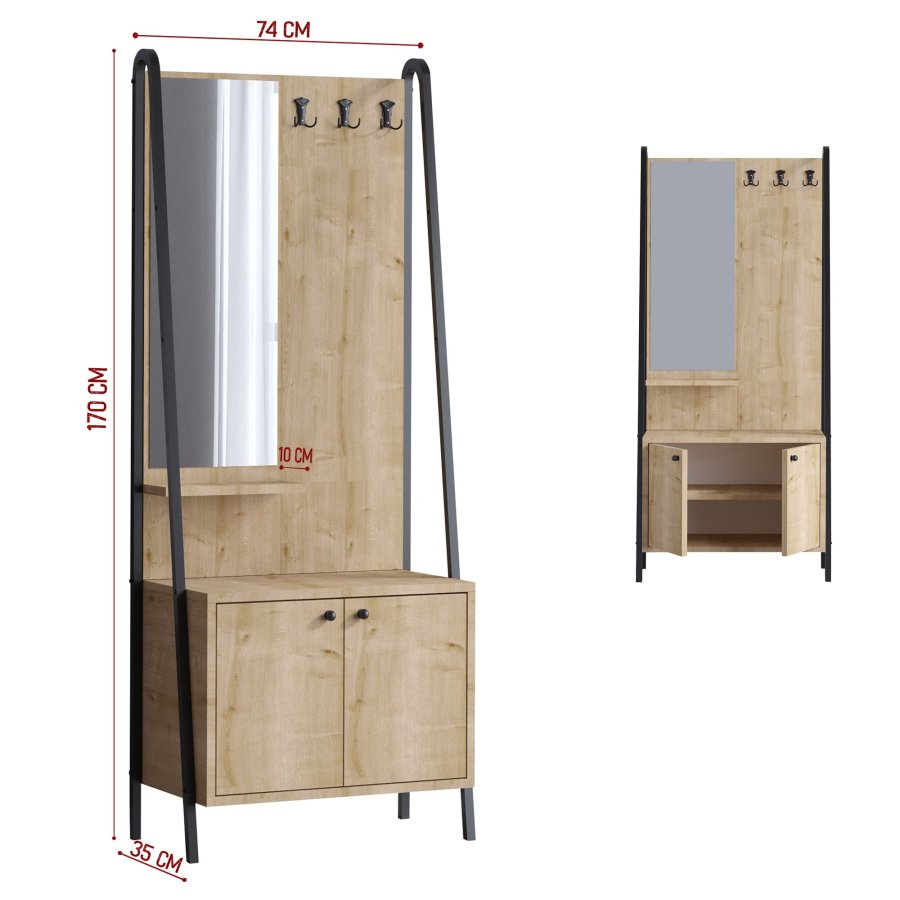 FUNZI LIVING Lumi entrést, m. spejl, 3 knager og 2 lger - natur melamin