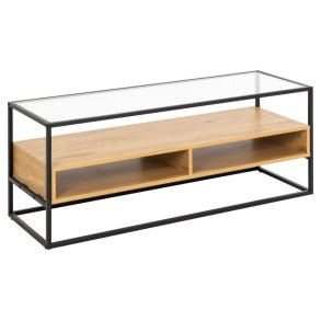 ACT NORDIC Randolf TV-bord, 1 hylde, 2 rum  - klar glas, natur vild eg melamin, sort stl (120x40)