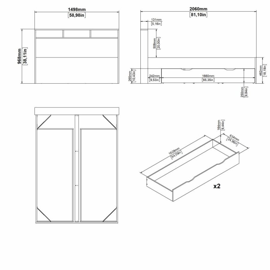 TVILUM Ikast Seng med 2 skuffer 140x190, Jackson Hickory/Hvid, 149,8 x 206 x 96,8 cm