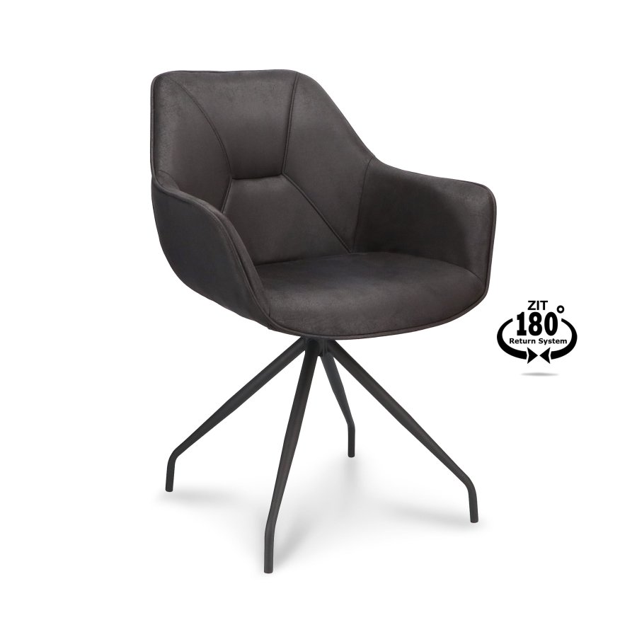 Anna spisebordsstol, m. armln og returdrej - onyx sort kunstlder og sort metal