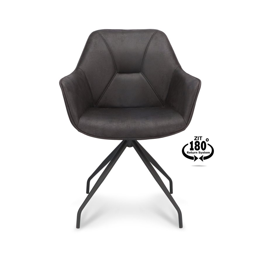 Anna spisebordsstol, m. armln og returdrej - onyx sort kunstlder og sort metal