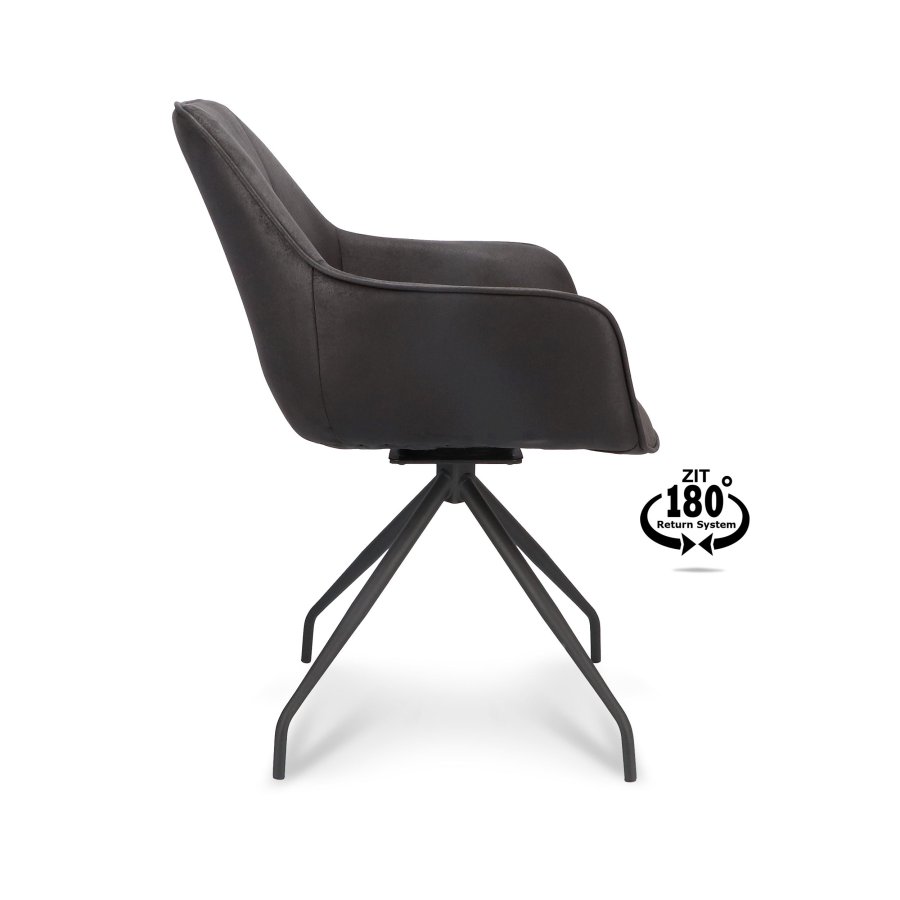 Anna spisebordsstol, m. armln og returdrej - onyx sort kunstlder og sort metal