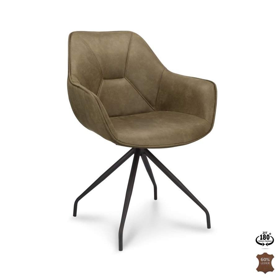 Anna spisebordsstol, m. armln og returdrej - vinter mosgrn kunstlder og sort metal