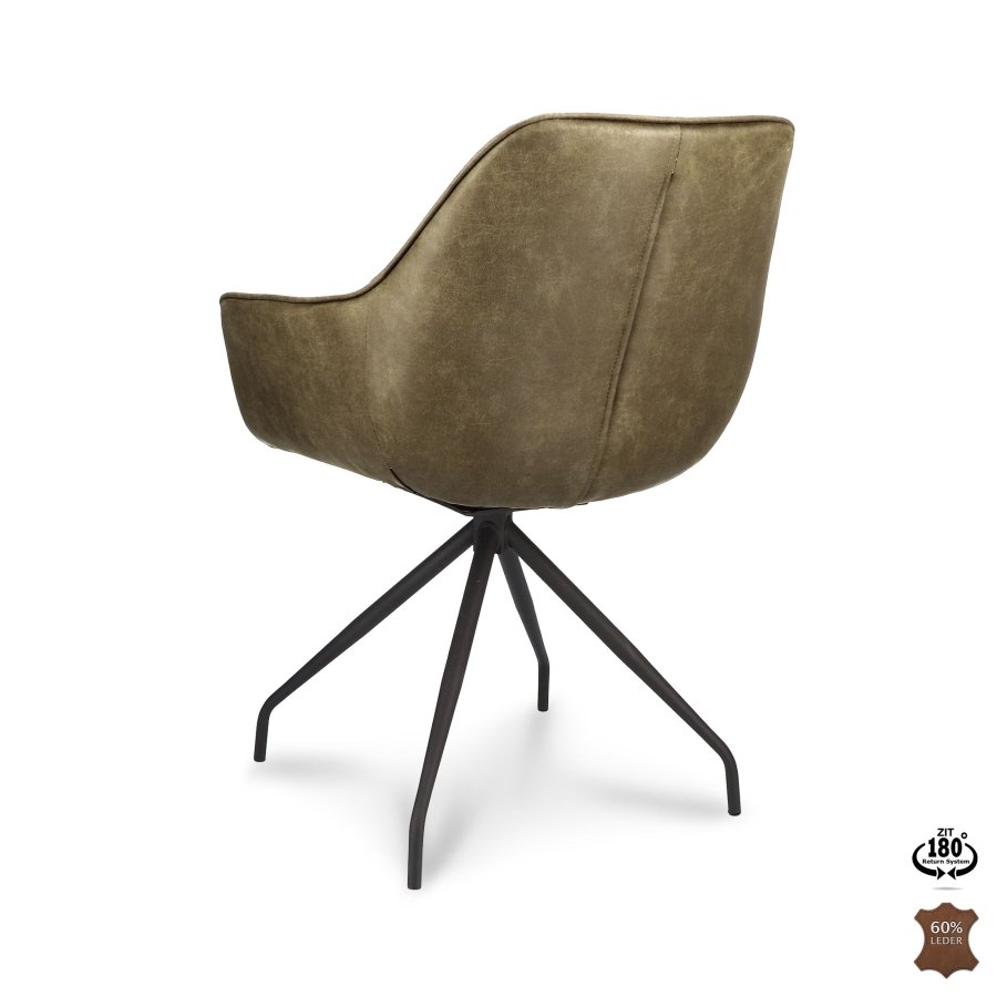 Anna spisebordsstol, m. armln og returdrej - vinter mosgrn kunstlder og sort metal