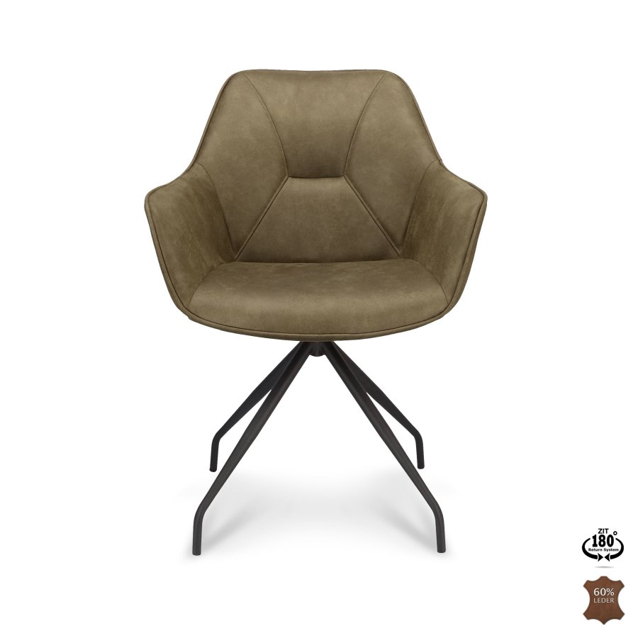 Anna spisebordsstol, m. armln og returdrej - vinter mosgrn kunstlder og sort metal