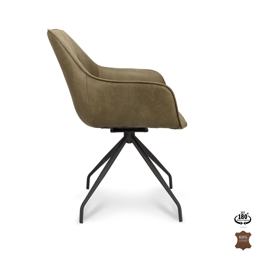 Anna spisebordsstol, m. armln og returdrej - vinter mosgrn kunstlder og sort metal