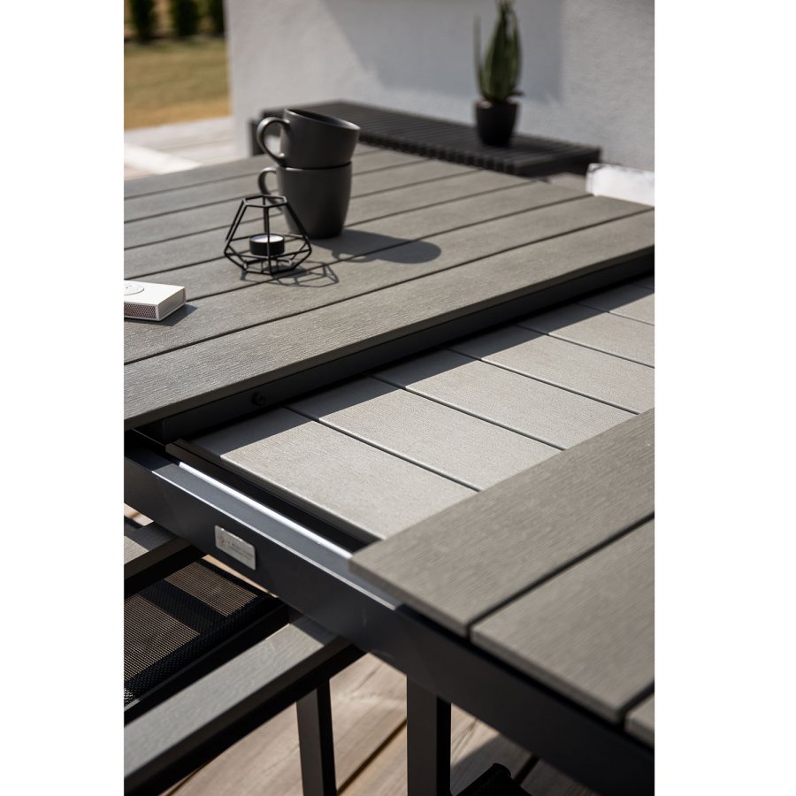 VENTURE DESIGN havest, m. Levels bord, m. udtrk og 4 Padova stole, m. recliner - gr aintwood/alu