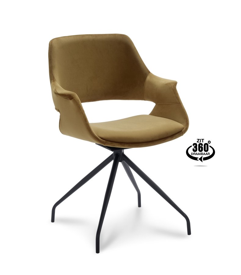 Malou spisebordsstol, m. armln og drejefunktion - guld polyester fljl og sort metal