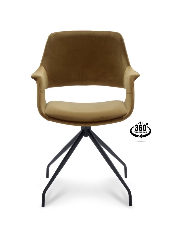 Malou spisebordsstol, m. armln og drejefunktion - guld polyester fljl og sort metal