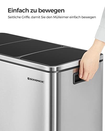 SONGMICS affaldspand, 3-rums, pedal, m. soft-close lg, indvendig plastspand, hndtag - slv stl