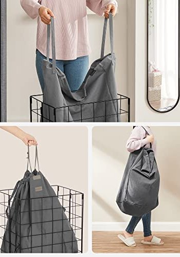 SONGMICS vasketjskurv, sammenklappelig, med aftagelig vaskbar pose - gr stof og sort stl