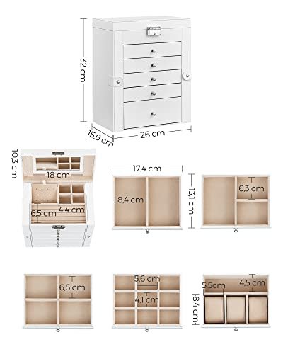 SONGMICS smykkeskrin, m. 6 lag, 5 skuffer, spejl - hvid MDF