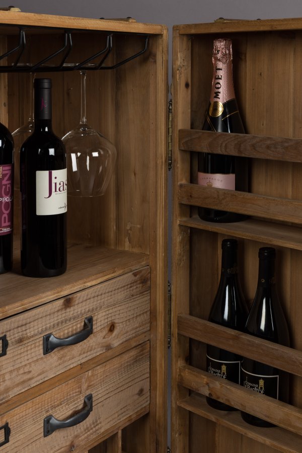 DUTCHBONE Lico vinskab, m. 1 lge, 2 skuffer, hjul og plads til glas og flasker - brun tr og jern