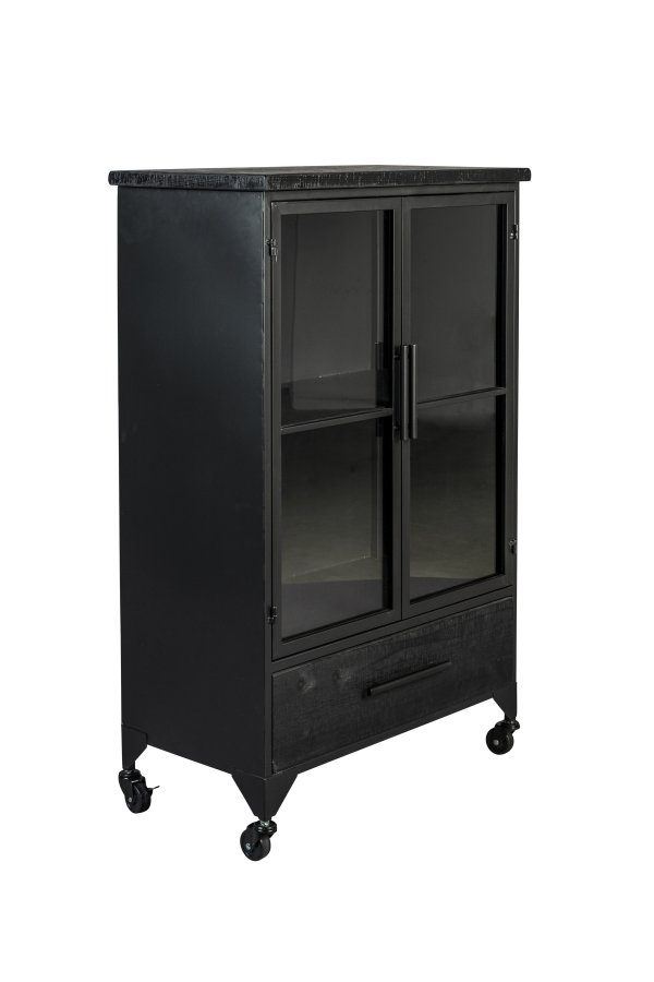 WHITE LABEL LIVING Ferre M skab, m. 2 glaslger, 1 hylde, 1 skuffe, hjul - sort granfinér og jern