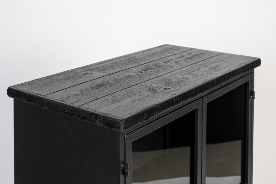 WHITE LABEL LIVING Ferre M skab, m. 2 glaslger, 1 hylde, 1 skuffe, hjul - sort granfinér og jern