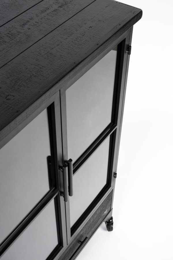 WHITE LABEL LIVING Ferre M skab, m. 2 glaslger, 1 hylde, 1 skuffe, hjul - sort granfinér og jern