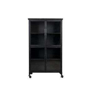 WHITE LABEL LIVING Ferre L skab, m. 4 glaslger, hylder, hjul - sort granfinér og jern