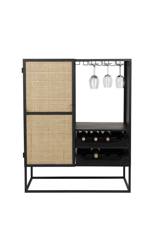 WHITE LABEL LIVING Guuji Low vinskab, m. 1 lge og hylder - rattan og sort jern