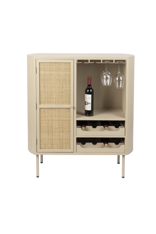WHITE LABEL LIVING Amaya Low vinskab, m. 1 lge og hylder - rattan og beige stl