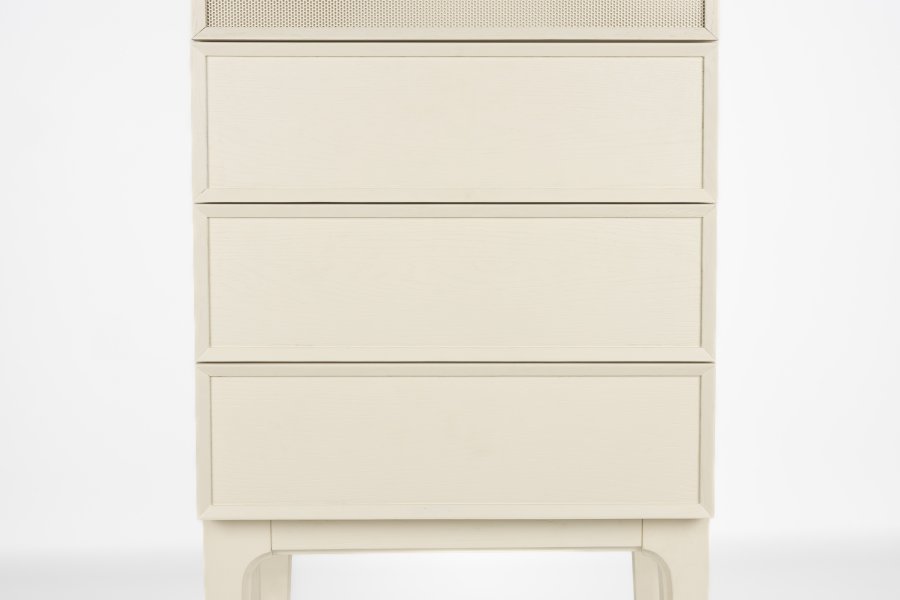 ZUIVER June skab, m. 1 mesh lge, 1 hylde og 3 skuffer - beige metal og tr