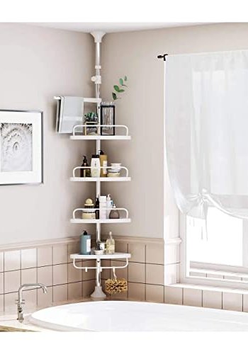 SONGMICS hjrnehylde til brusekabine, m. 4 bakker, 3 kroge, 1 hndkldestang - hvid plast og stl