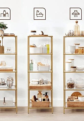 VASAGLE reol, m. 5 hylder - hrdet glas og guld stl