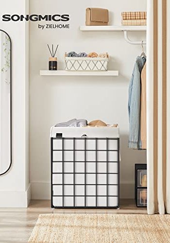 SONGMICS vasketjskurv, sammenklappelig, med aftagelig vaskbar pose - hvid stof og sort stl