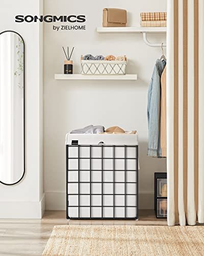 SONGMICS vasketjskurv, sammenklappelig, med aftagelig vaskbar pose - hvid stof og sort stl