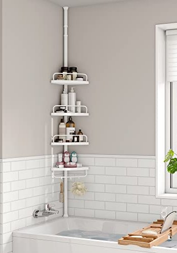 SONGMICS hjrnehylde til brusekabine, teleskopisk, m. 4 bakker, 3 kroge - hvid plast og stl