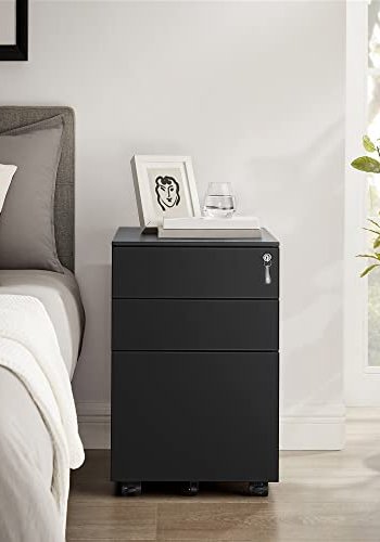 SONGMICS mobilt arkivskab, m. 3 skuffer, lsbar stlsokkel, hngemappe skinner, hjul - sort stl