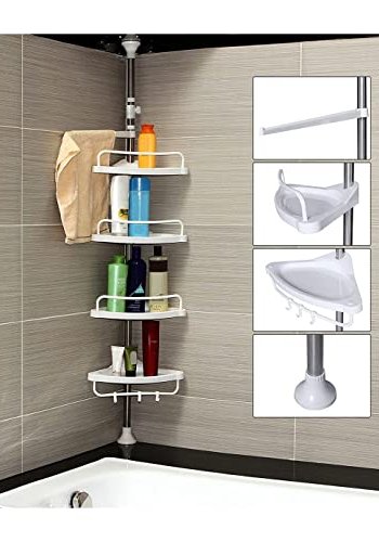 SONGMICS hjrnehylde til brusekabine, m. 4 bakker, 3 kroge, 1 hndkldestang - hvid plast og stl