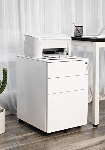 SONGMICS arkivskab, lsbar, m. 3 skuffer, hngemappe, hjul - hvid stl