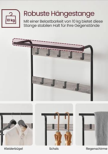 VASAGLE entréopstilling, m. 9 kroge, 1 bjlestang, 3 hylder - greige spnplade og sort stl