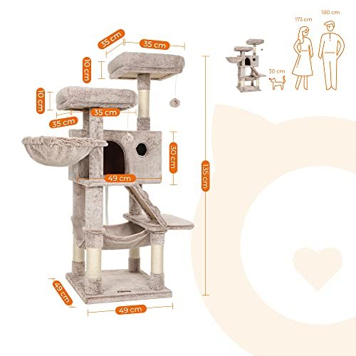 FEANDREA kradsetr, 6 niveauer, 2 platforme, 1 hule, 2 pomponer, 1 hngekje, 1 stol - lysebrun plys