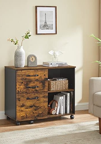 VASAGLE arkivskab, m. 3 skuffer, 1 hylde og hjul - rustik brun og sort spnplade