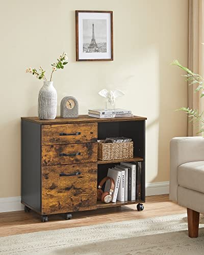 VASAGLE arkivskab, m. 3 skuffer, 1 hylde og hjul - rustik brun og sort spnplade