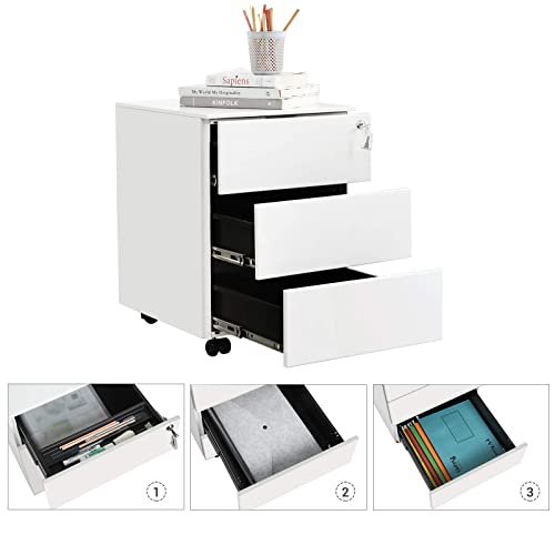 Songmics arkivskab, lsbar, m. 3 skuffer og hjul - hvid stl
