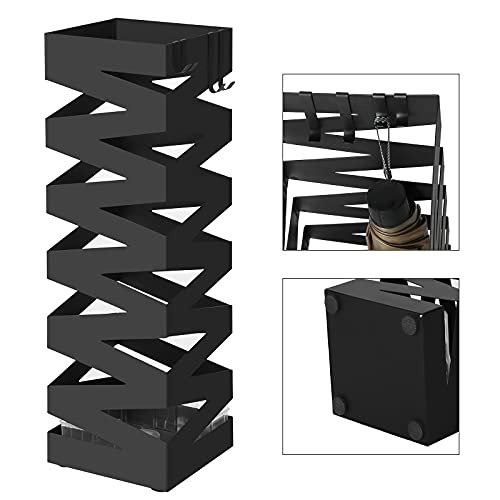 SONGMICS paraplyholder, kvadratisk, m. kroge og drypbakke - sort metal