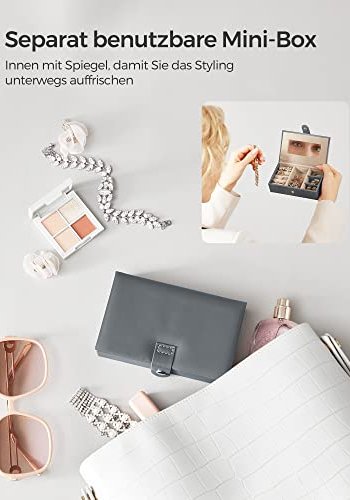 SONGMICS smykkeskrin, lsbar, m. 3 lag, rejseetui, 2 skuffer, spejl - gr PU