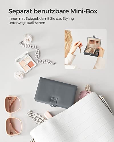 SONGMICS smykkeskrin, lsbar, m. 3 lag, rejseetui, 2 skuffer, spejl - gr PU